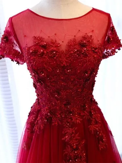 Beautiful Dark Red Tulle Cap Sleeves Long Party Dress, Red Party Dress