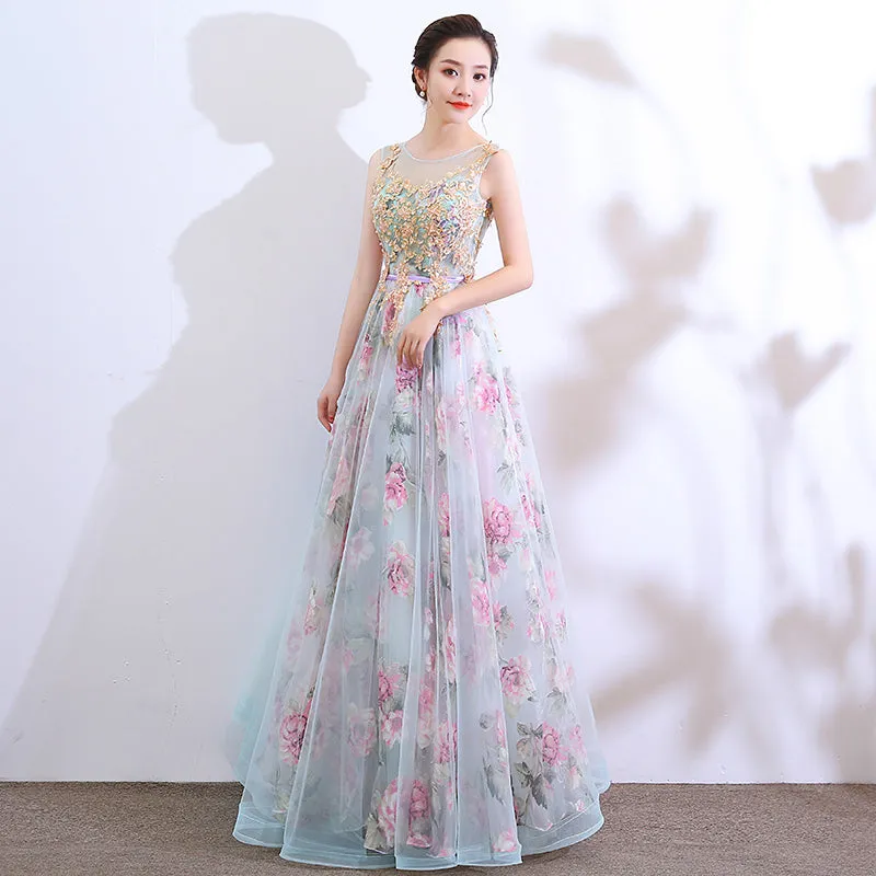 Beautiful Floral Tulle and Lace Long Party Dress, A-line Evening Dress