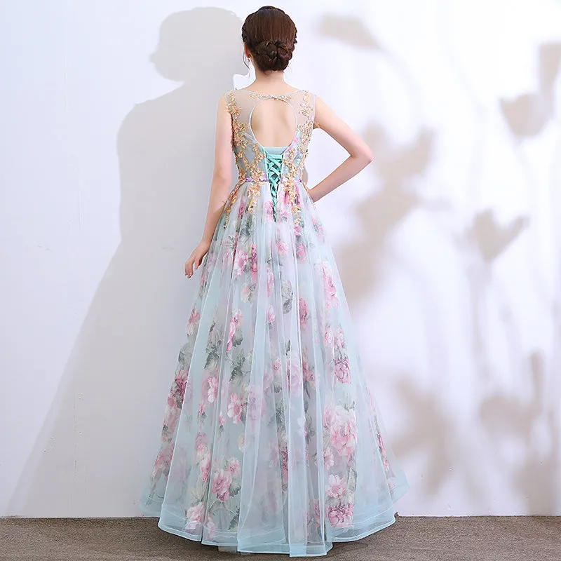 Beautiful Floral Tulle and Lace Long Party Dress, A-line Evening Dress