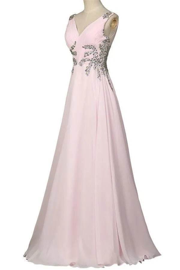 Beautiful Girly Chiffon Long Beading Pink V-neck Backless Prom Dress K744