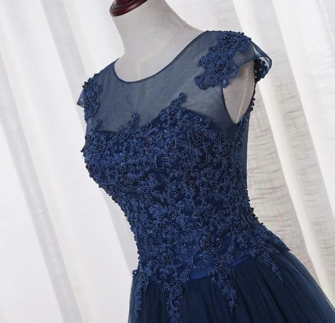 Beautiful Handmade Navy Blue Prom Dresses , Long Round Neckline Party Dresses