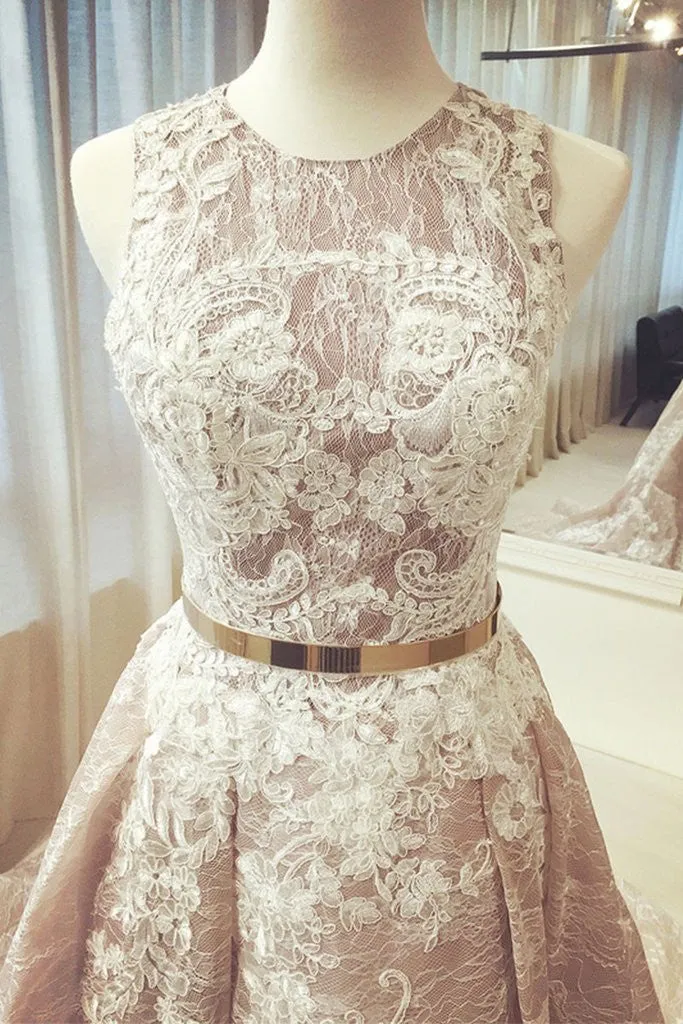 beautiful round neck lace long sleeveless prom dresses,pretty wedding dress OK227