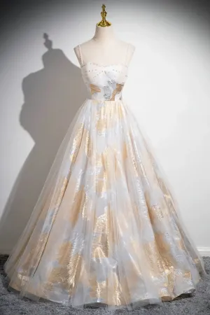Beautiful Spaghetti Strap Floor Length Prom Dress, A Line Floral Pattern Evening Party Dress APP0974