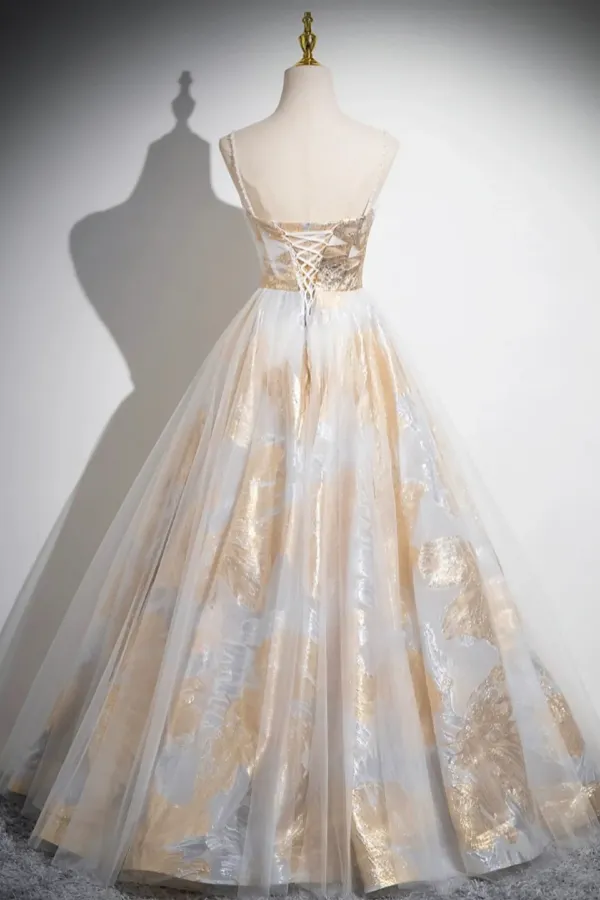 Beautiful Spaghetti Strap Floor Length Prom Dress, A Line Floral Pattern Evening Party Dress APP0974