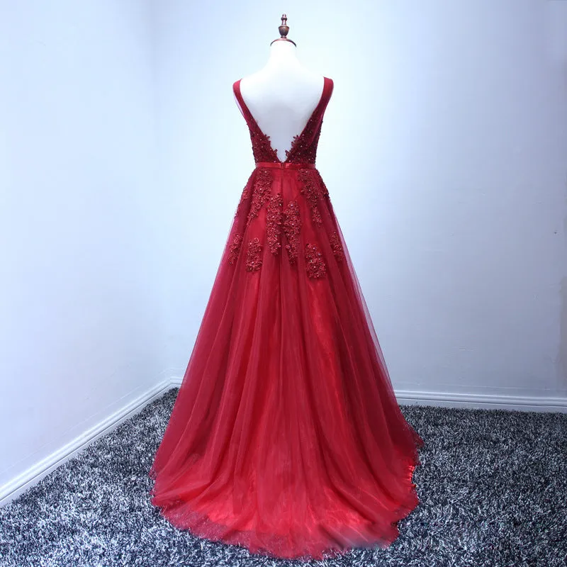 Beautiful Wine Red V-neckline Tulle Prom Dress,Charming Wedding Party Dresses