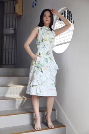 BIRDSONG STRIPES HANDMADE MODERN COTTON CHEONGSAM IN FRESH SPRING GREEN