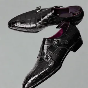 Black Alligator Italian Leather Double Monkstrap Shoes - Formal Shoes - Monk Shoes