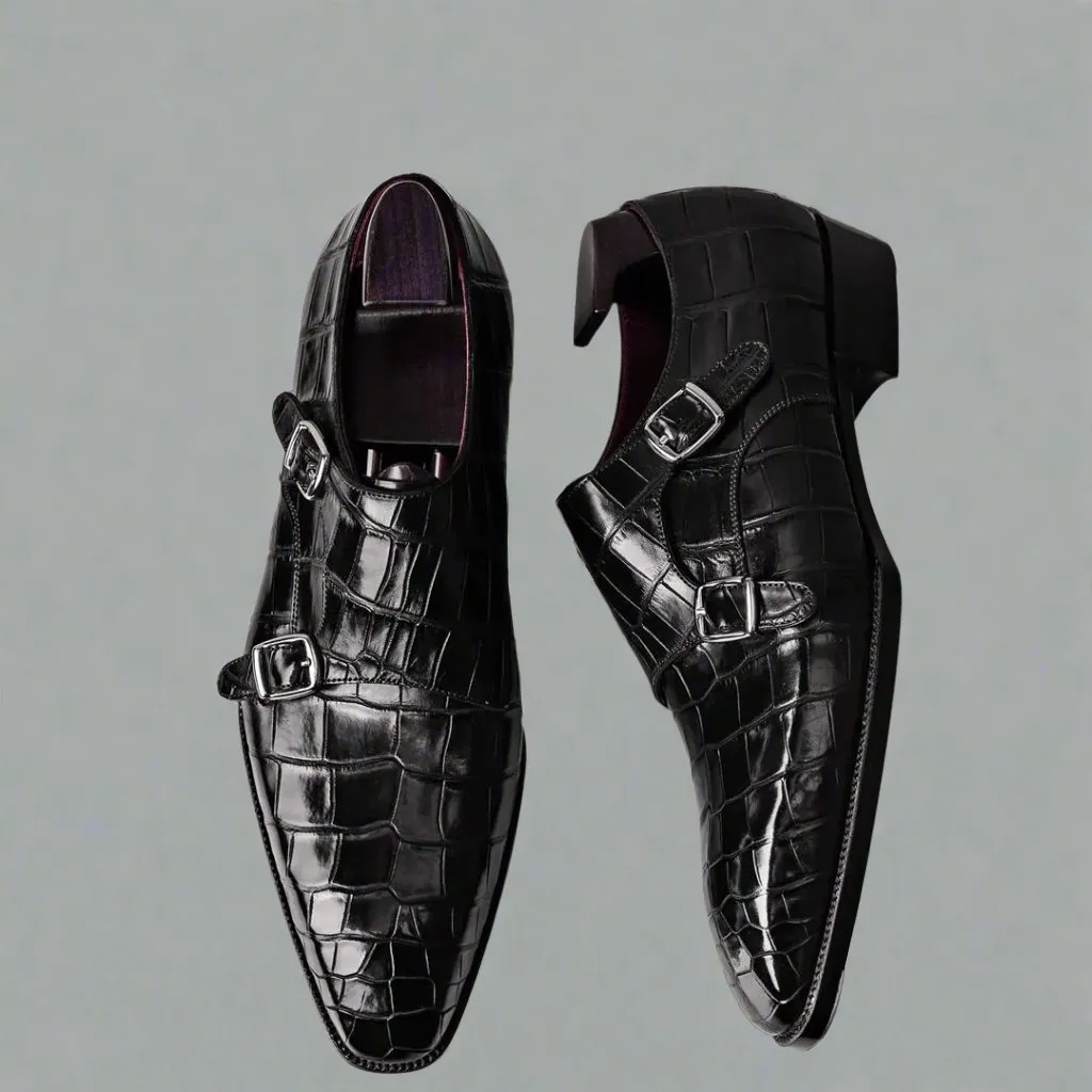 Black Alligator Italian Leather Double Monkstrap Shoes - Formal Shoes - Monk Shoes