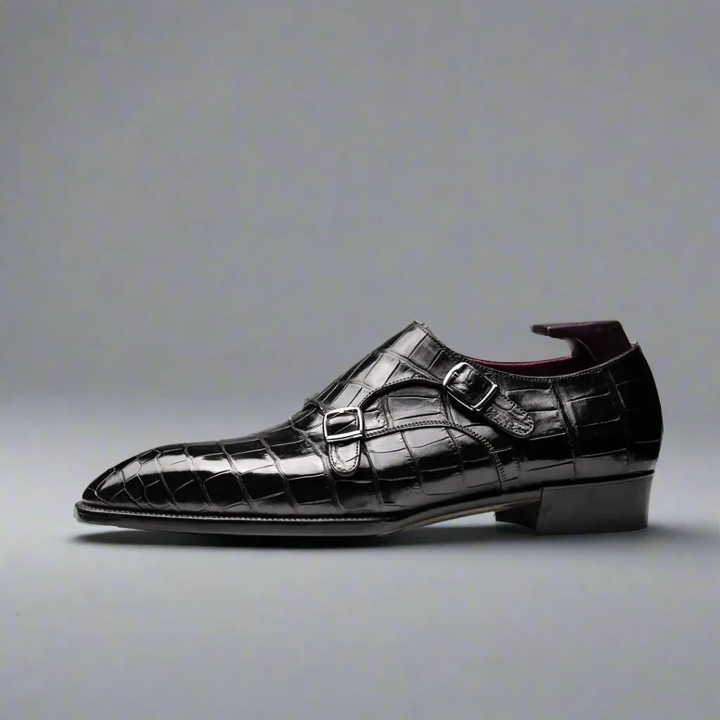 Black Alligator Italian Leather Double Monkstrap Shoes - Formal Shoes - Monk Shoes