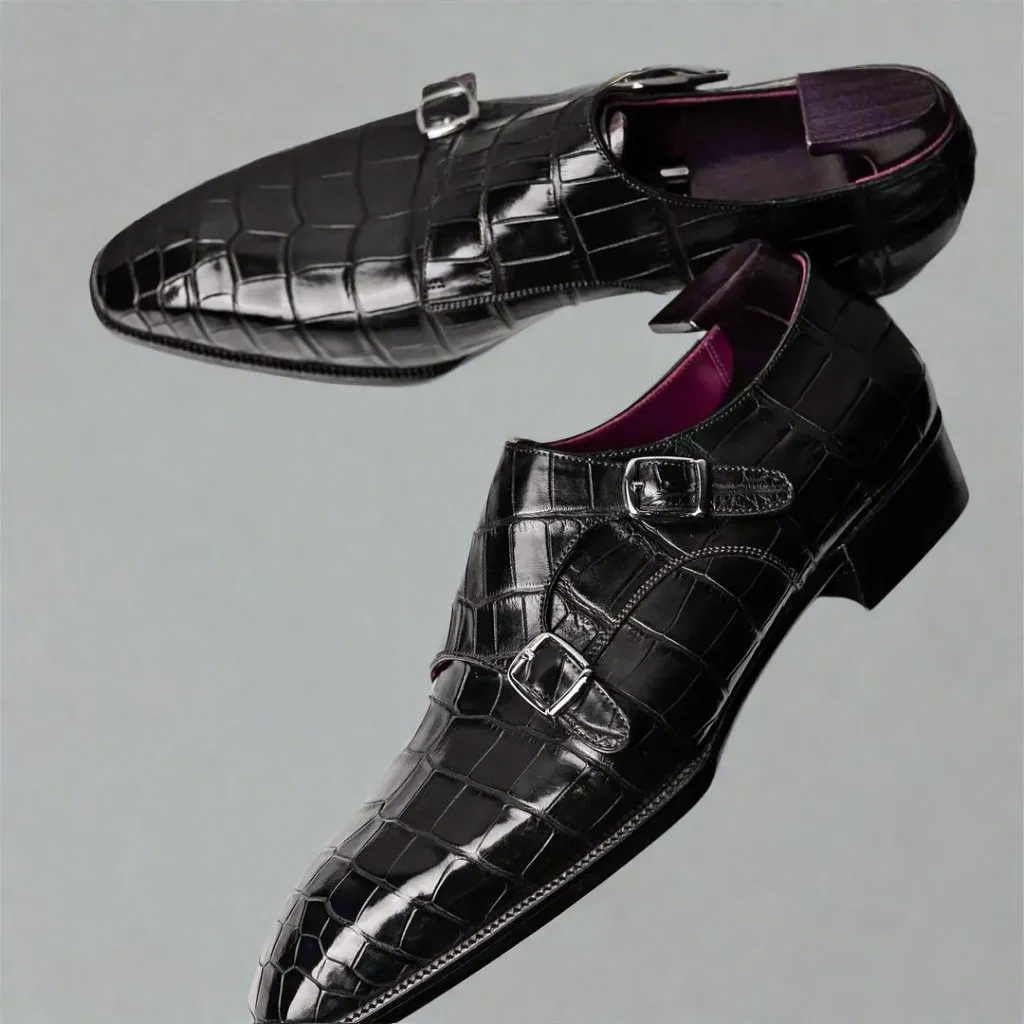 Black Alligator Italian Leather Double Monkstrap Shoes - Formal Shoes - Monk Shoes