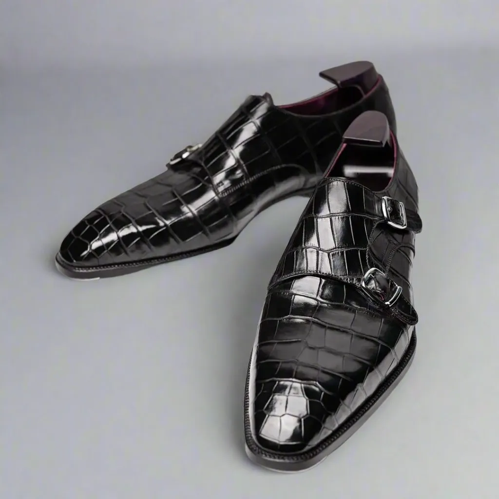 Black Alligator Italian Leather Double Monkstrap Shoes - Formal Shoes - Monk Shoes
