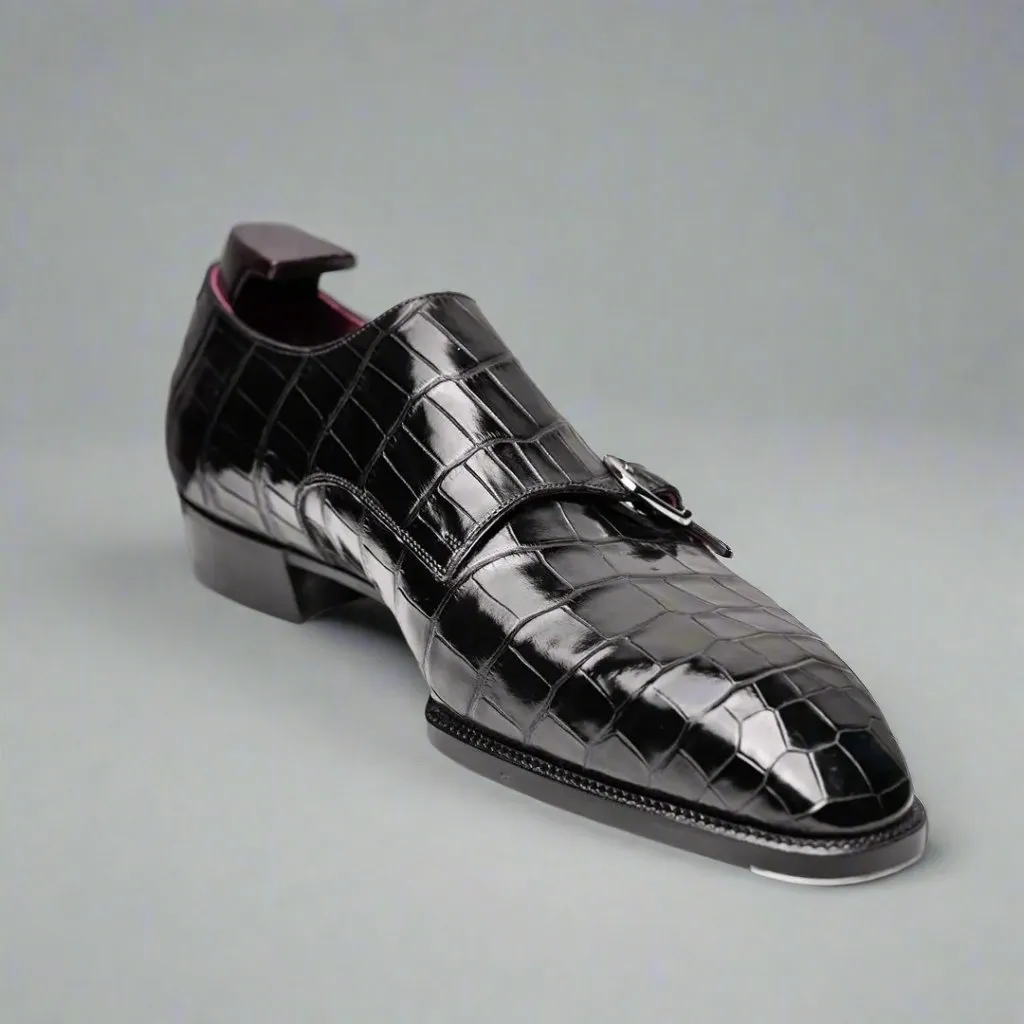 Black Alligator Italian Leather Double Monkstrap Shoes - Formal Shoes - Monk Shoes