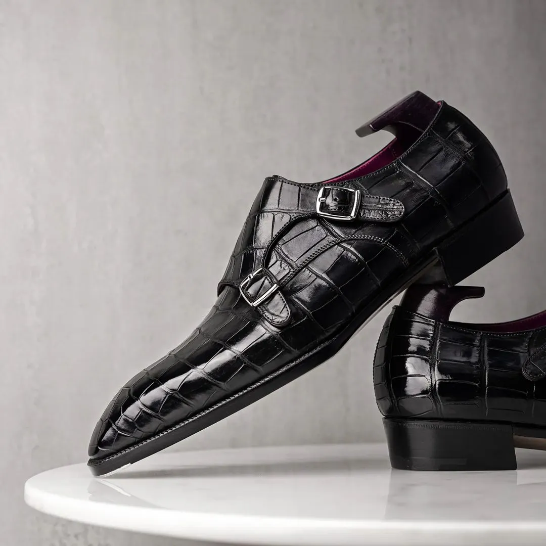 Black Alligator Italian Leather Double Monkstrap Shoes - Formal Shoes - Monk Shoes