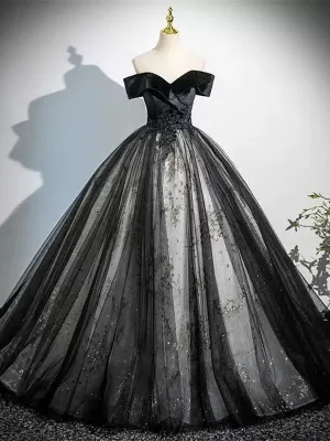Black Ball Gown Tulle Off Shoulder Long Formal Dress, Black Sweetheart Party Dress
