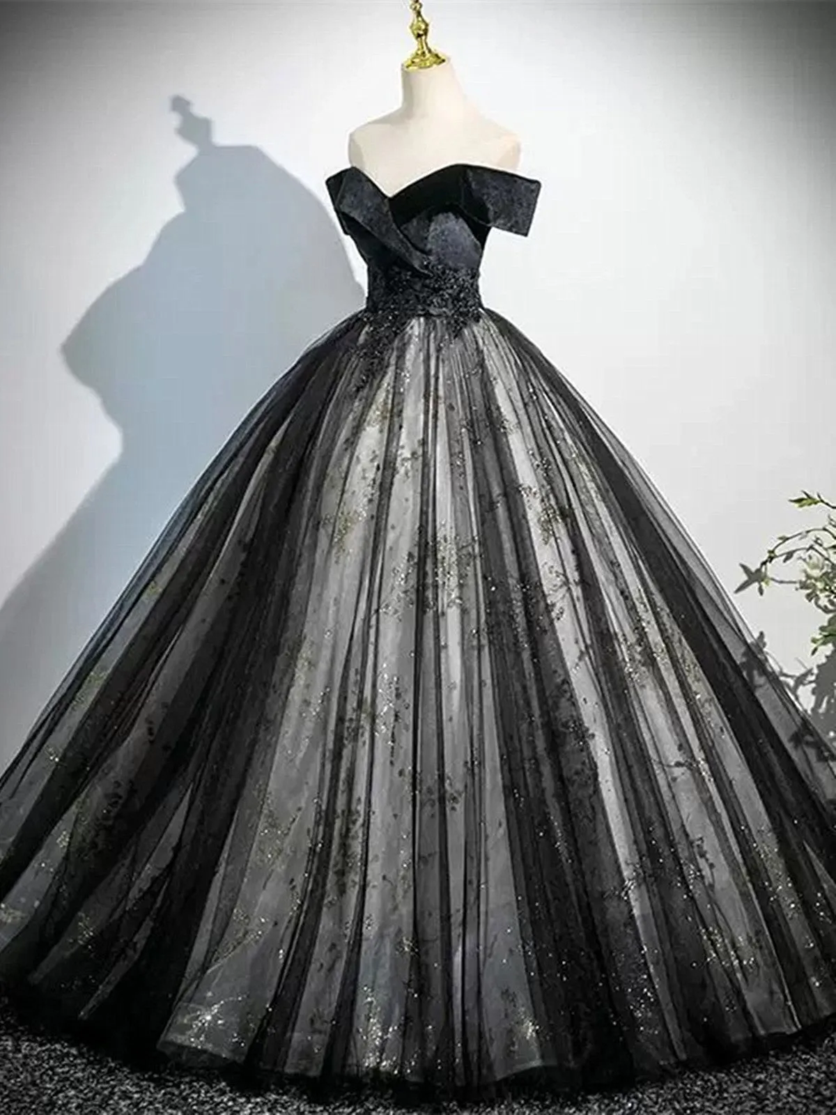 Black Ball Gown Tulle Off Shoulder Long Formal Dress, Black Sweetheart Party Dress