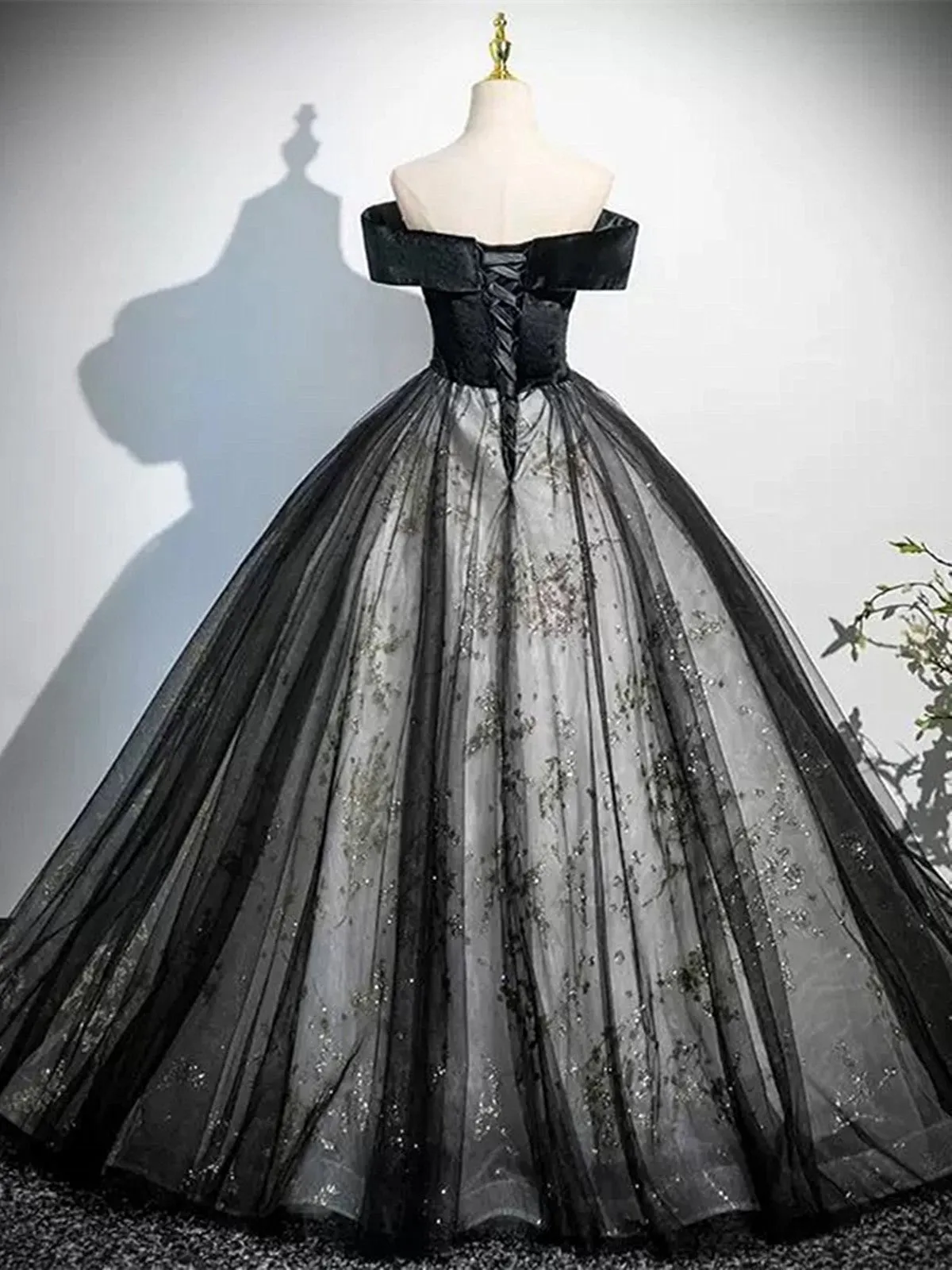 Black Ball Gown Tulle Off Shoulder Long Formal Dress, Black Sweetheart Party Dress