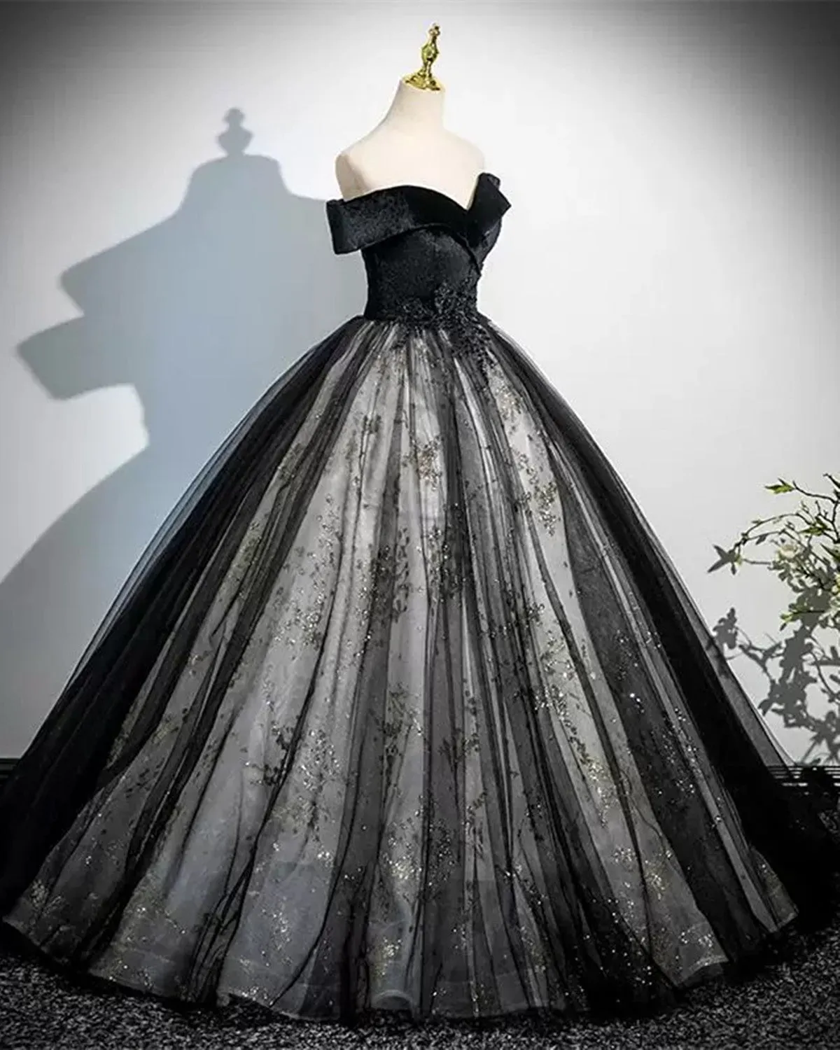 Black Ball Gown Tulle Off Shoulder Long Formal Dress, Black Sweetheart Party Dress