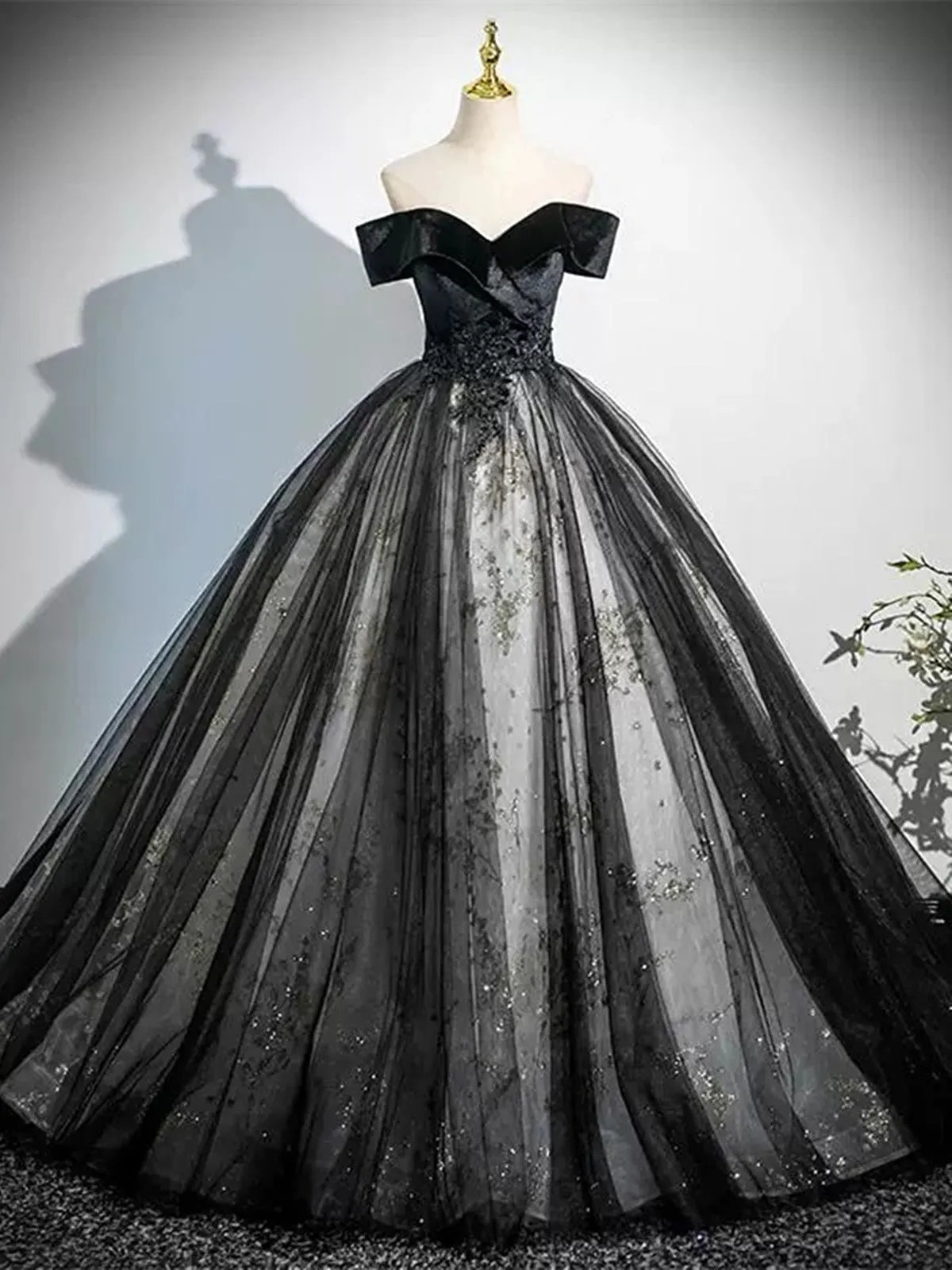 Black Ball Gown Tulle Off Shoulder Long Formal Dress, Black Sweetheart Party Dress