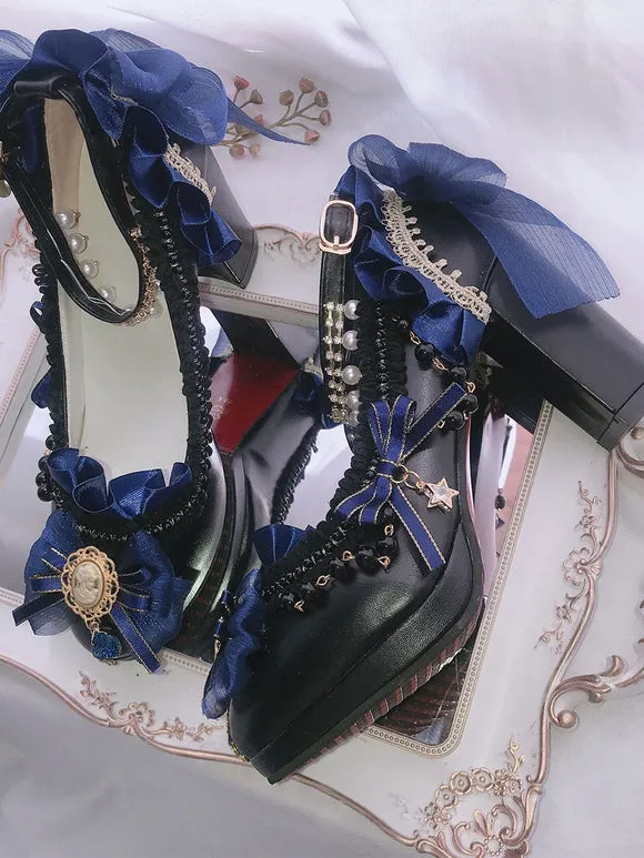Black Lolita;Lace Chains Round Toe PU Leather Lolita Shoes