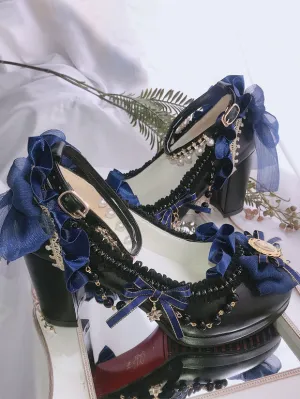 Black Lolita;Lace Chains Round Toe PU Leather Lolita Shoes
