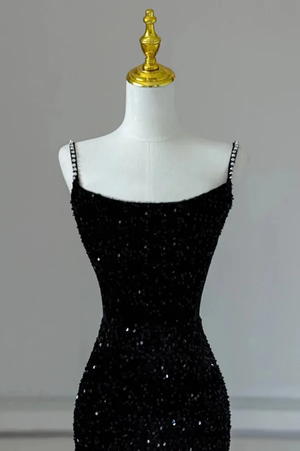 Black Mermaid and Velvet Sequin Long Prom Dress, Black Formal Dress APP1044