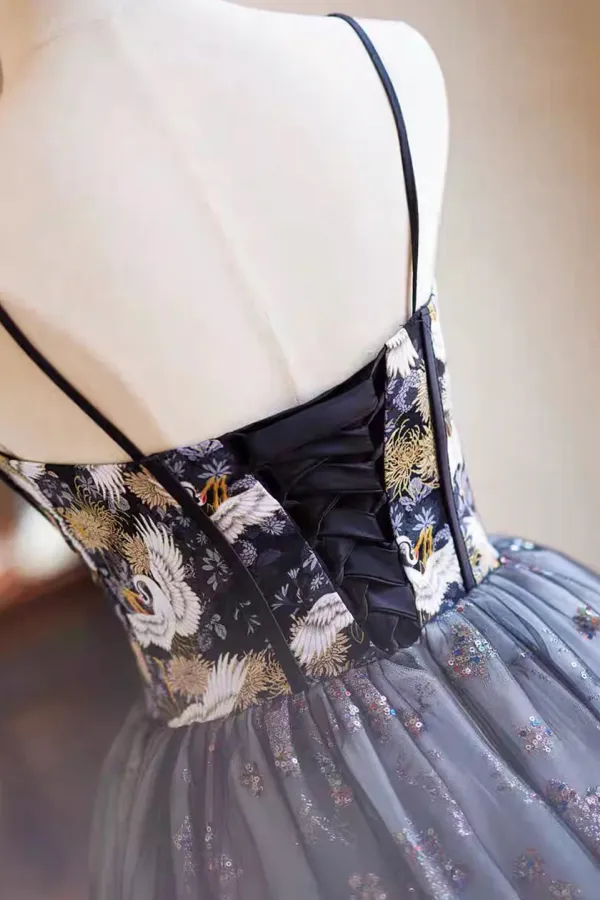 Black Printing Sequins Party Dress, Spaghetti Straps Sleeveless Backless Short Formal Dress APH0305