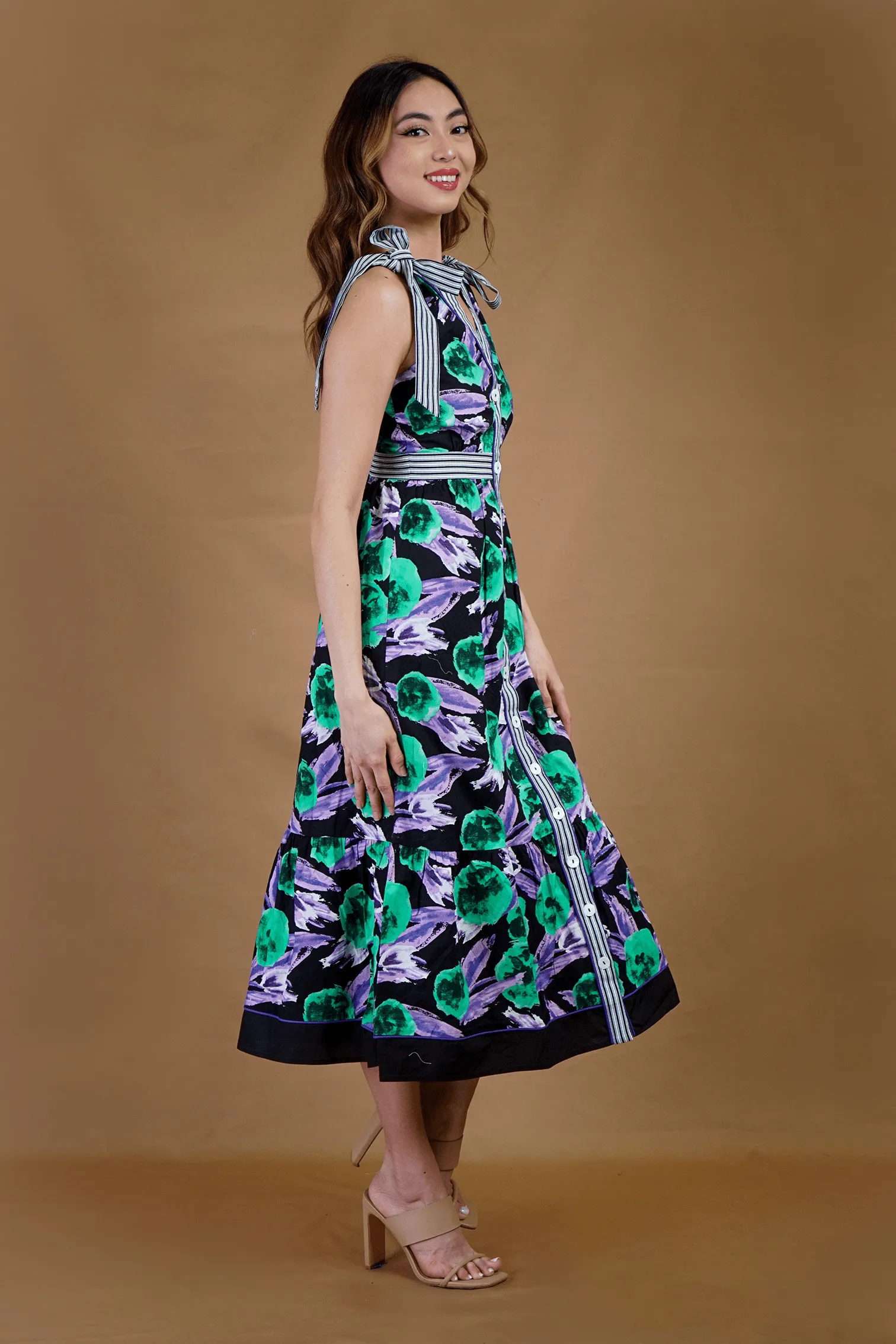 Black Purple Floral Stripe V Neck Midi Dress