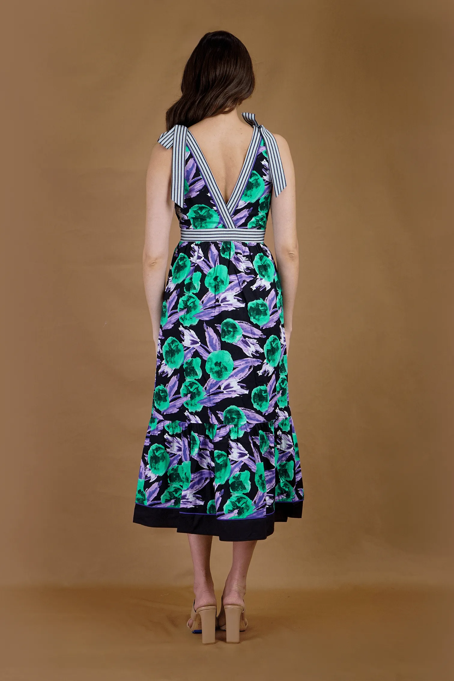 Black Purple Floral Stripe V Neck Midi Dress