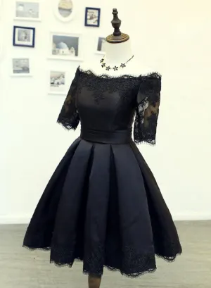Black Short Sleeves Satin Homecoming Dress, Black Party Dress, Black Formal Dress