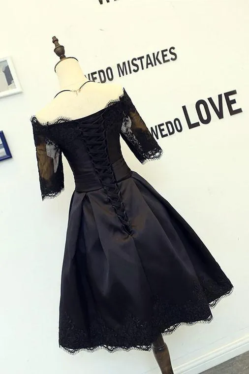 Black Short Sleeves Satin Homecoming Dress, Black Party Dress, Black Formal Dress