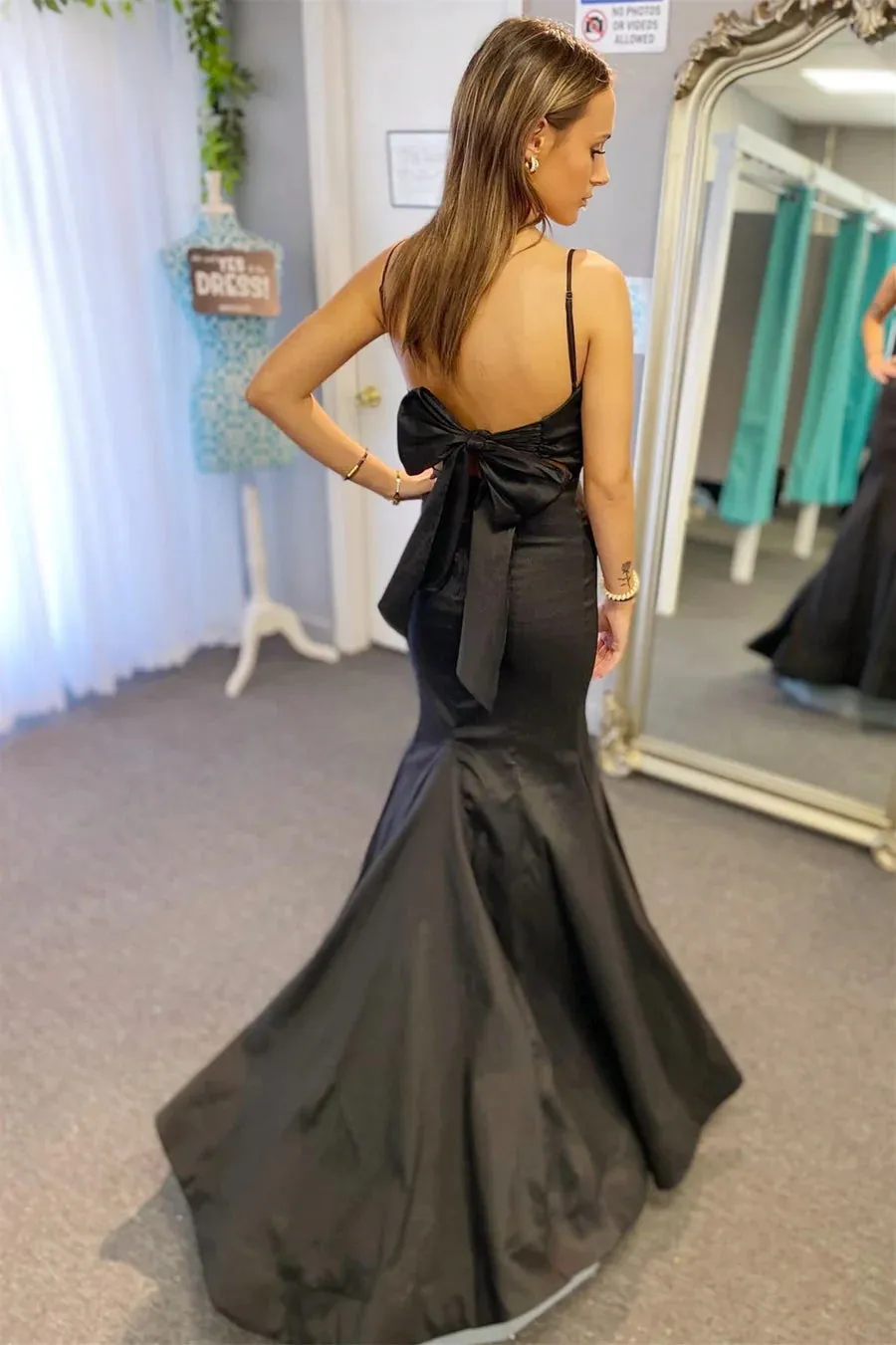 Black Surplice Pleated Straps Long Prom Dress Evening Dress with Bow TP1225