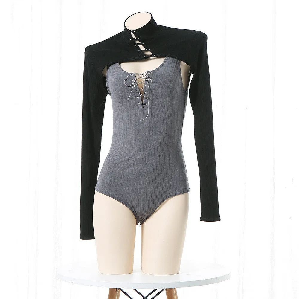 Black Top   Gray Jumpsuit Set  KF70219