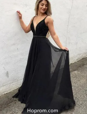 Black V-Neck Beading Prom Dress Black Evening Formal Gown