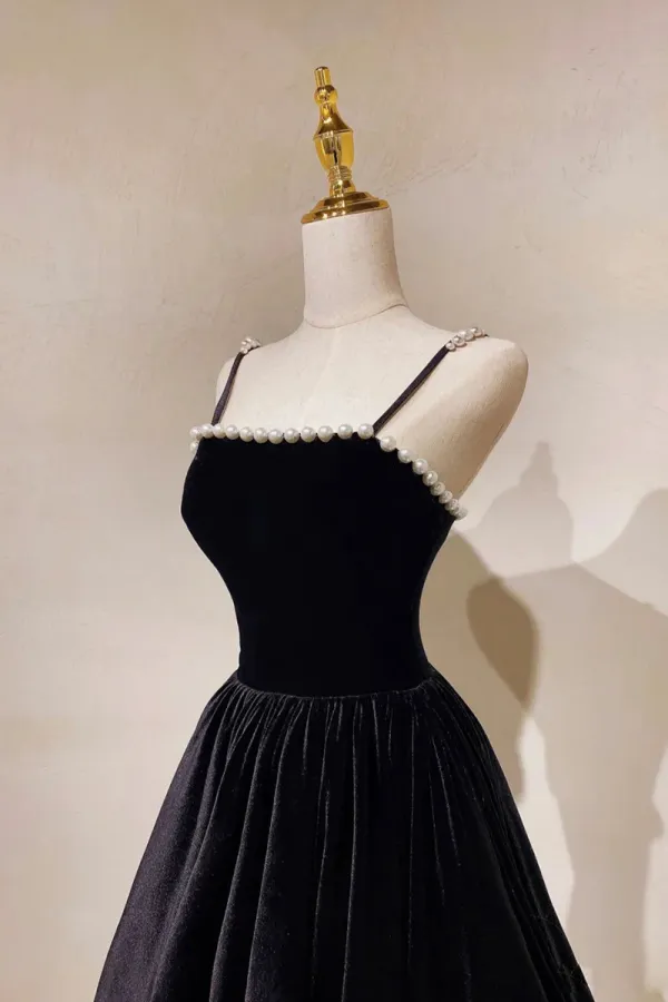 Black Velvet Long Prom Dress with Pearls, Black Spaghetti Straps Evening Party Dress APP0788