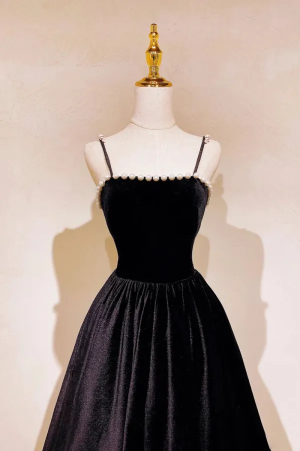 Black Velvet Long Prom Dress with Pearls, Black Spaghetti Straps Evening Party Dress APP0788
