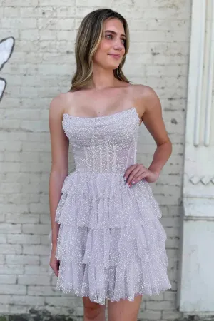 Bling Bling Strapless Layered Lilac Short Prom Dress, Strapless Lilac Homecoming Dress APH0242