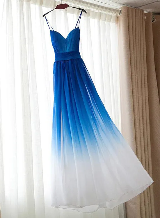 Blue Elegant Gradient Strap Long Prom Dresses, Bridesmaid Dresses, Formal Dresses