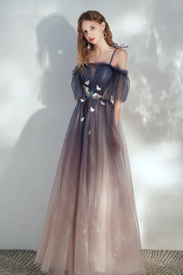 Blue Gradient Tulle Long Prom Dress, Lovely Spaghetti Strap Evening Dress APP0942