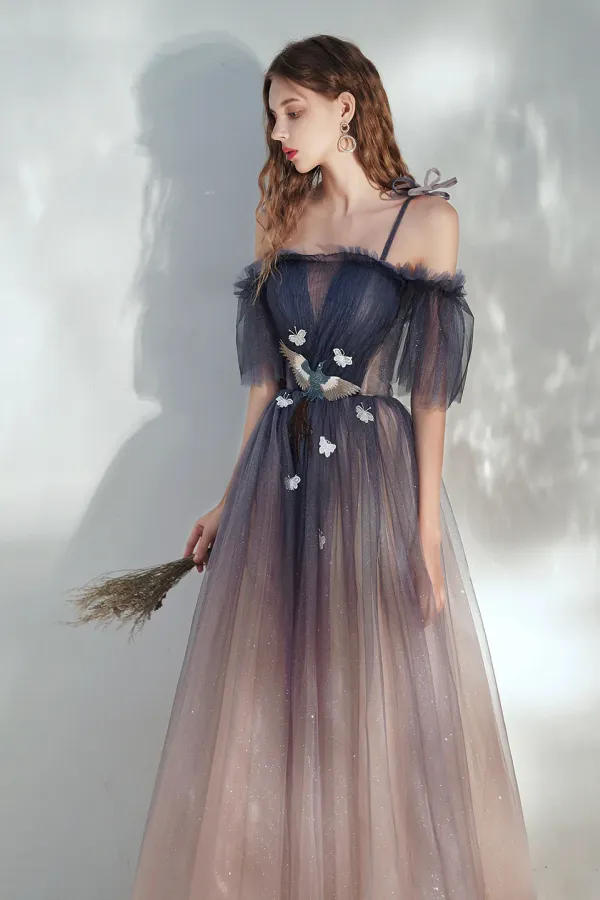 Blue Gradient Tulle Long Prom Dress, Lovely Spaghetti Strap Evening Dress APP0942