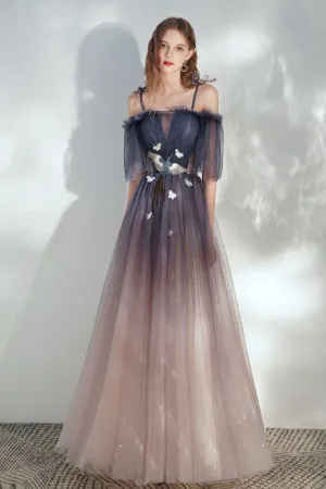 Blue Gradient Tulle Long Prom Dress, Lovely Spaghetti Strap Evening Dress APP0942