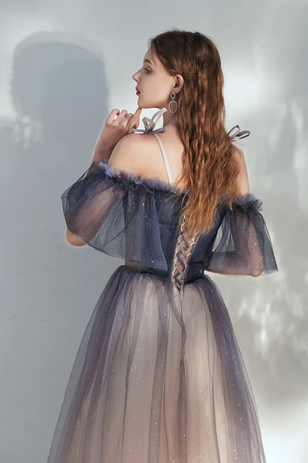 Blue Gradient Tulle Long Prom Dress, Lovely Spaghetti Strap Evening Dress APP0942