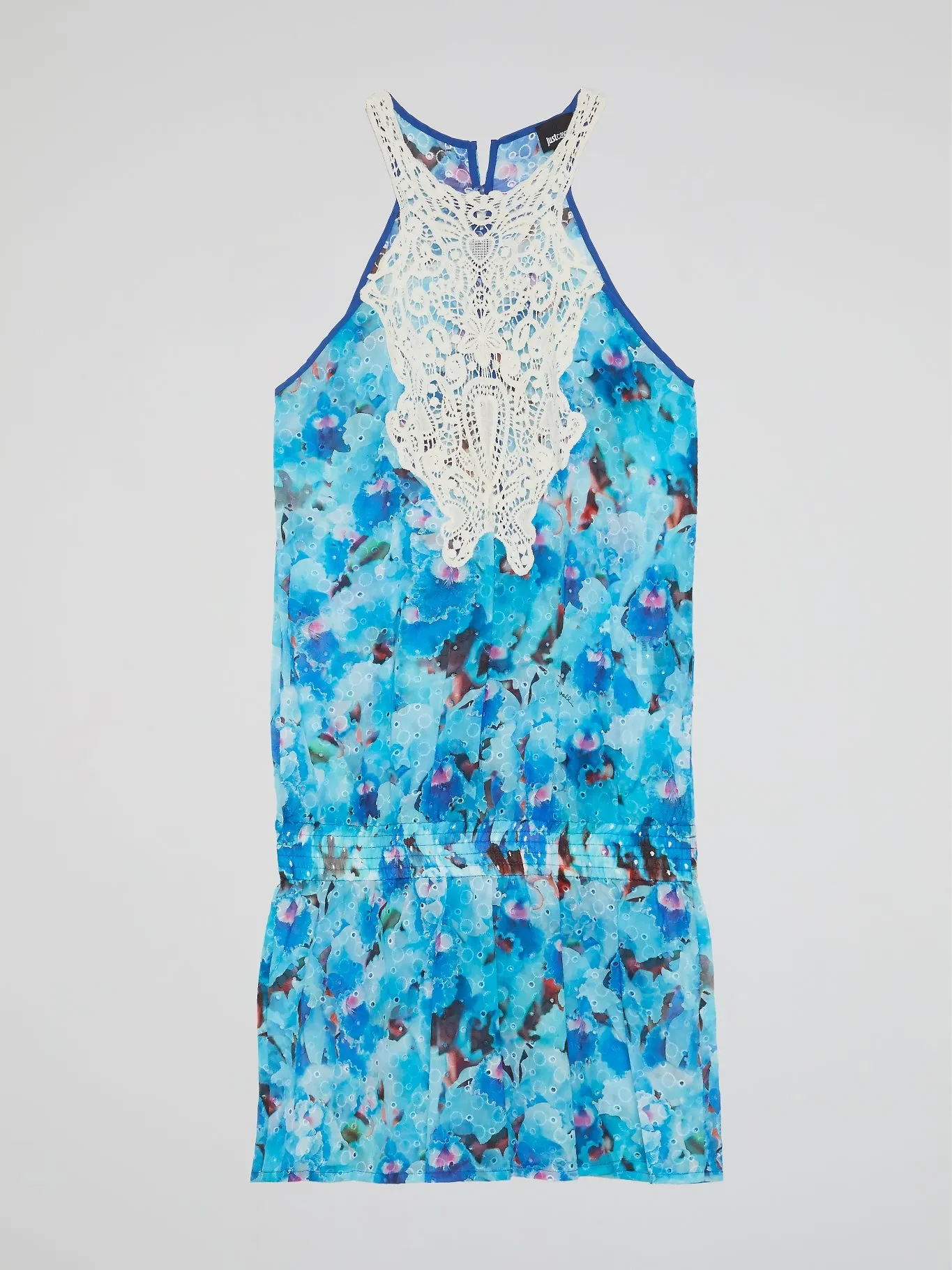 Blue Halter Neck Pleated Dress