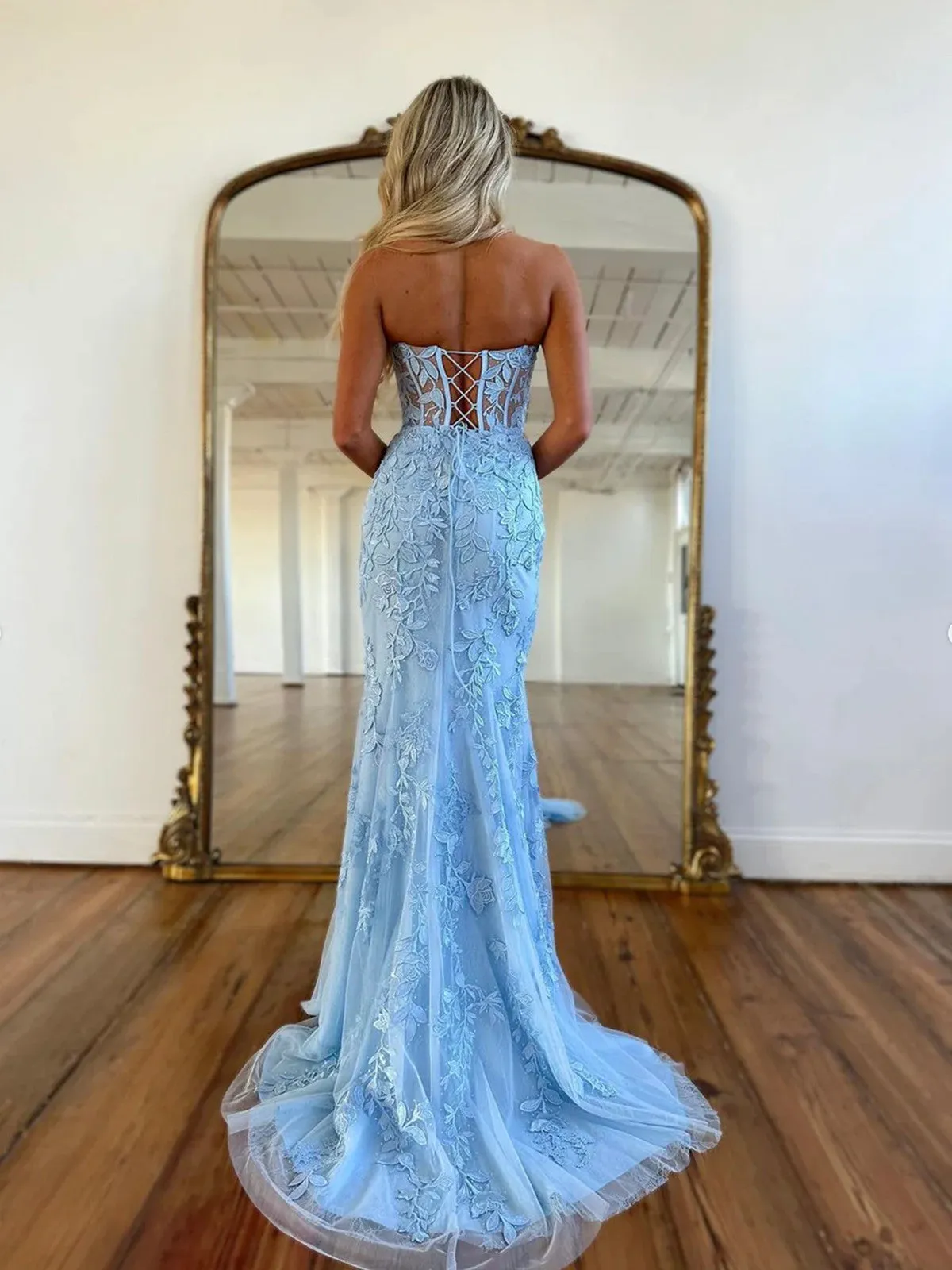 Blue Lace and Tulle Sweetheart Long Formal Dress, Blue Strapless Lace-up Prom Dress