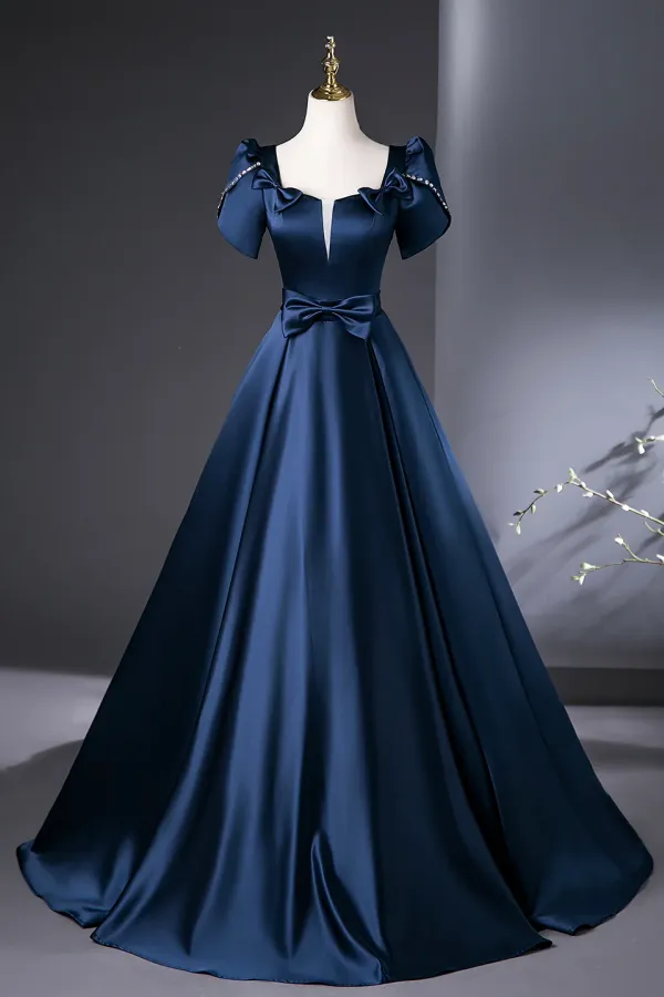 Blue Satin Long Prom Dress, Elegant Short Sleeve Evening Party Dress APP1137