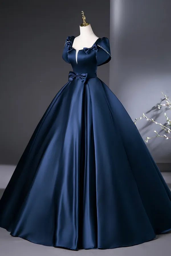 Blue Satin Long Prom Dress, Elegant Short Sleeve Evening Party Dress APP1137
