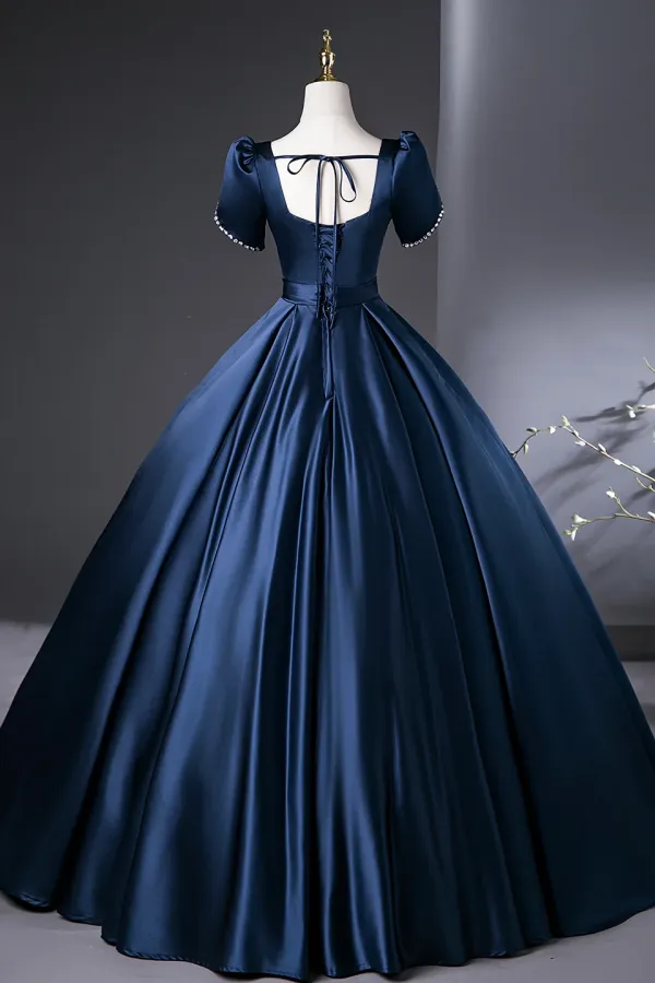 Blue Satin Long Prom Dress, Elegant Short Sleeve Evening Party Dress APP1137