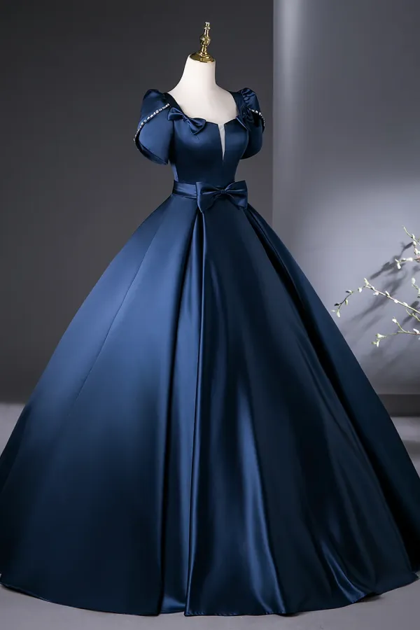 Blue Satin Long Prom Dress, Elegant Short Sleeve Evening Party Dress APP1137