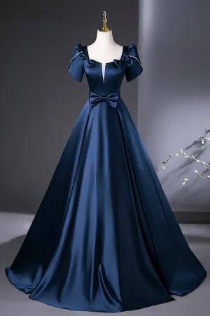 Blue Satin Long Prom Dress, Elegant Short Sleeve Evening Party Dress APP1137