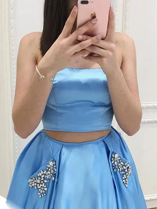 Blue Satin Two Piece A-line Strapless Long Prom Dresses with Pocket, M184