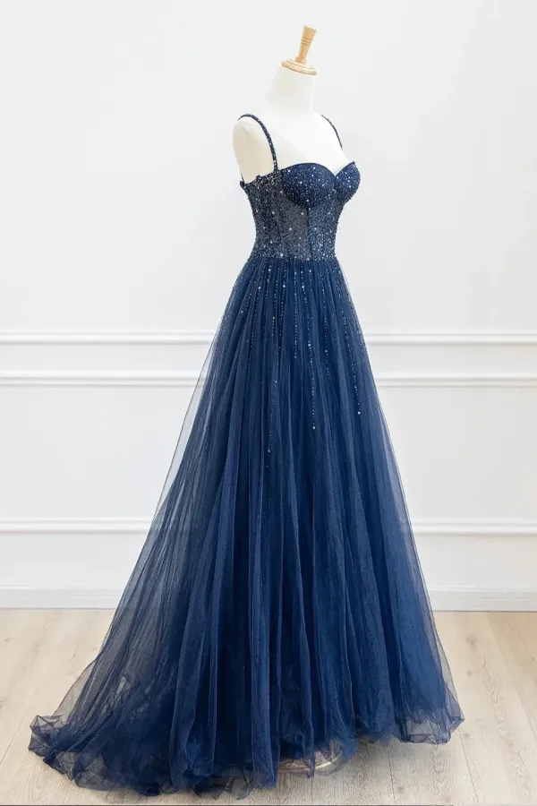 Blue Spaghetti Strap Tulle Sequins Long Prom Dress, Beautiful A Line Evening Party Dress APP0920